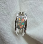 J011 - Bright multicoloured dark opal ring