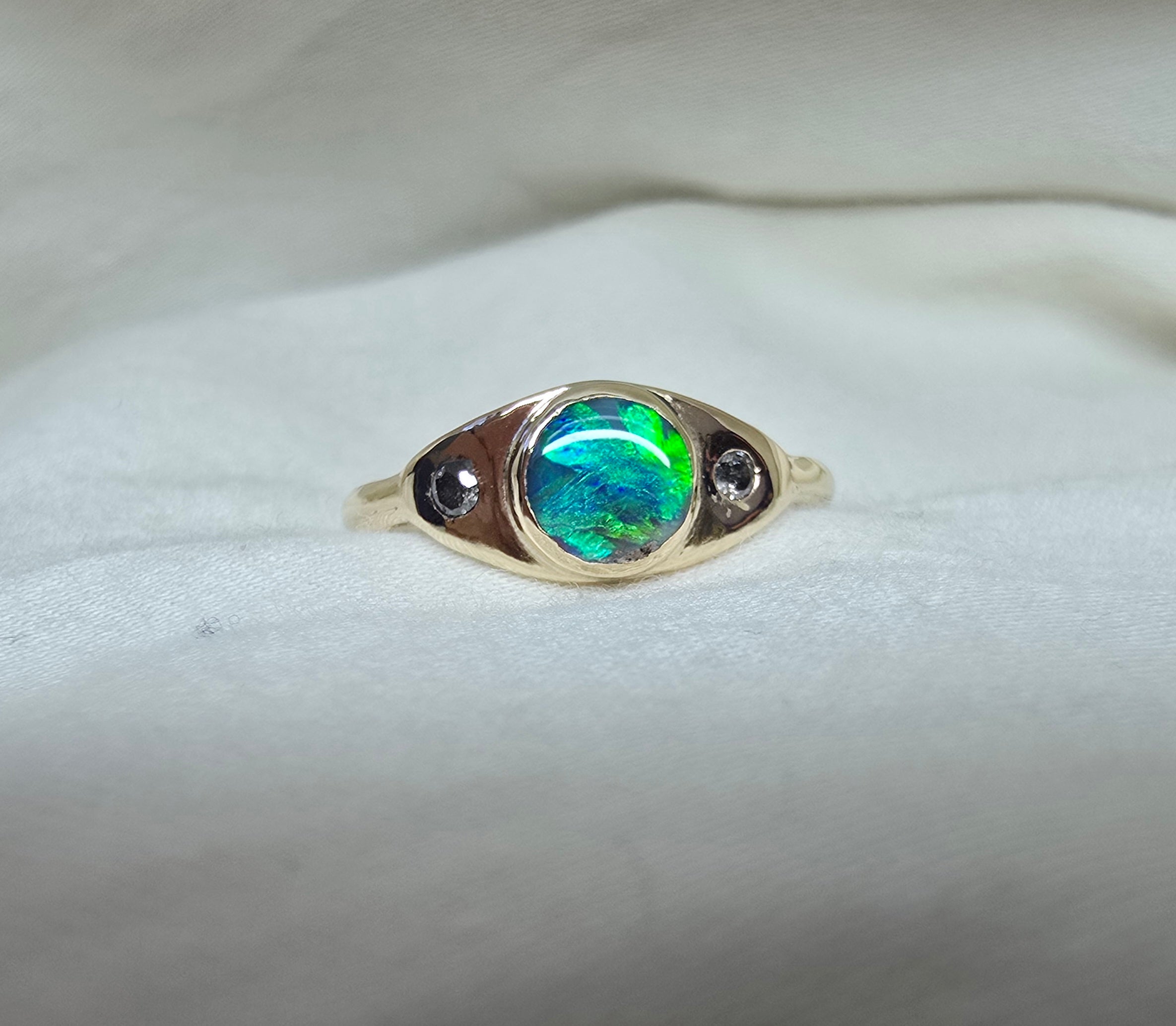 J013 - Black opal & diamond solid gold ring