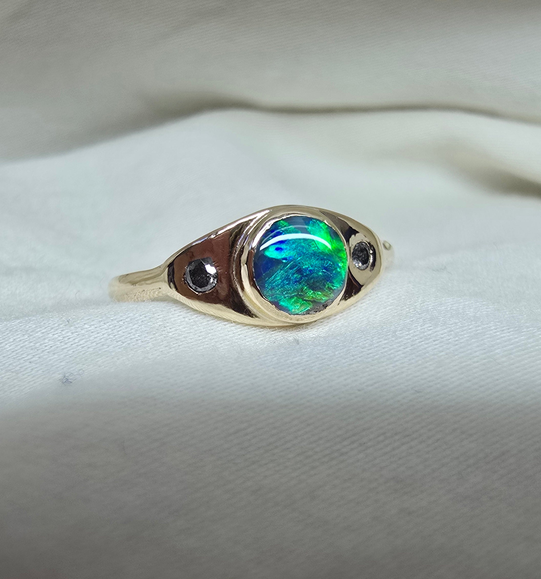 J013 - Black opal & diamond solid gold ring