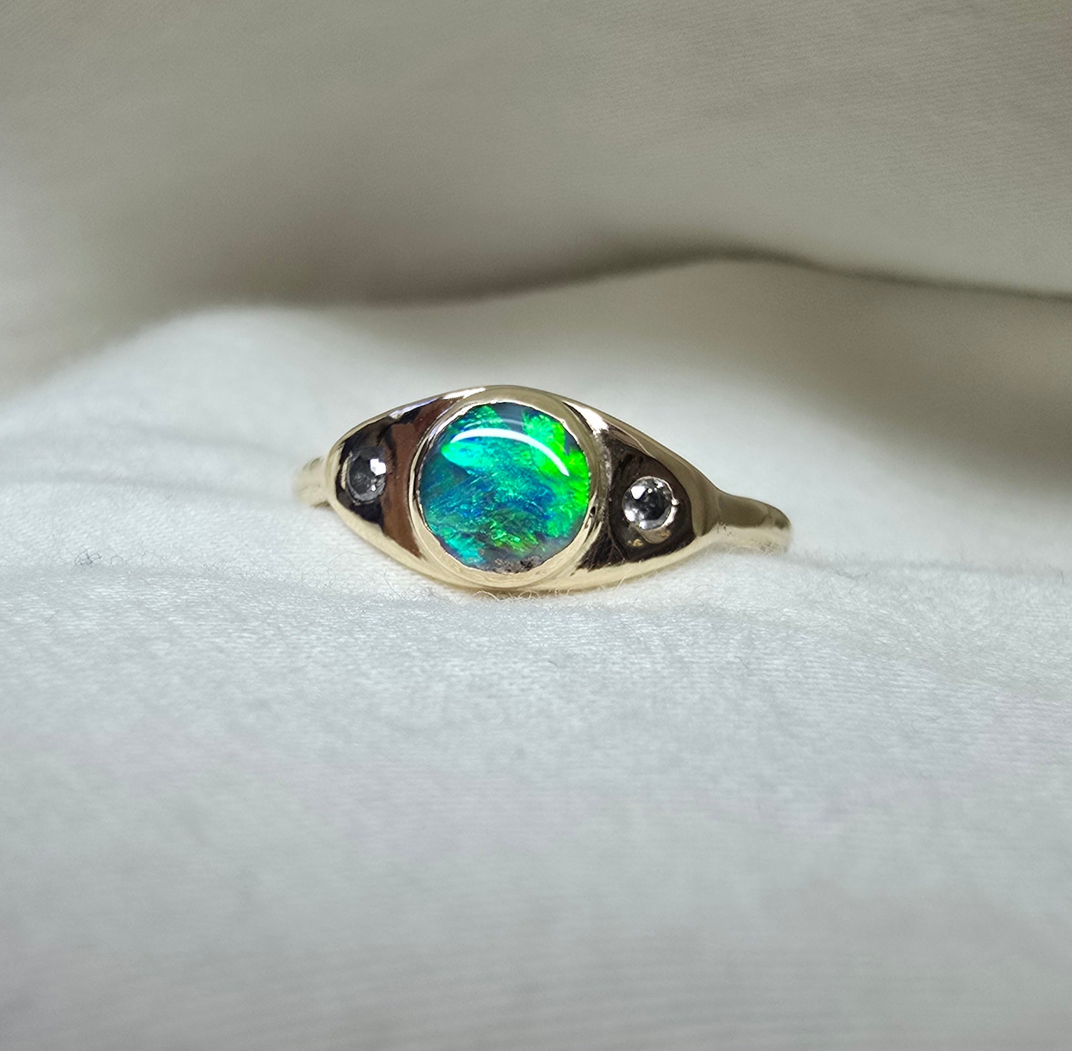 J013 - Black opal & diamond solid gold ring