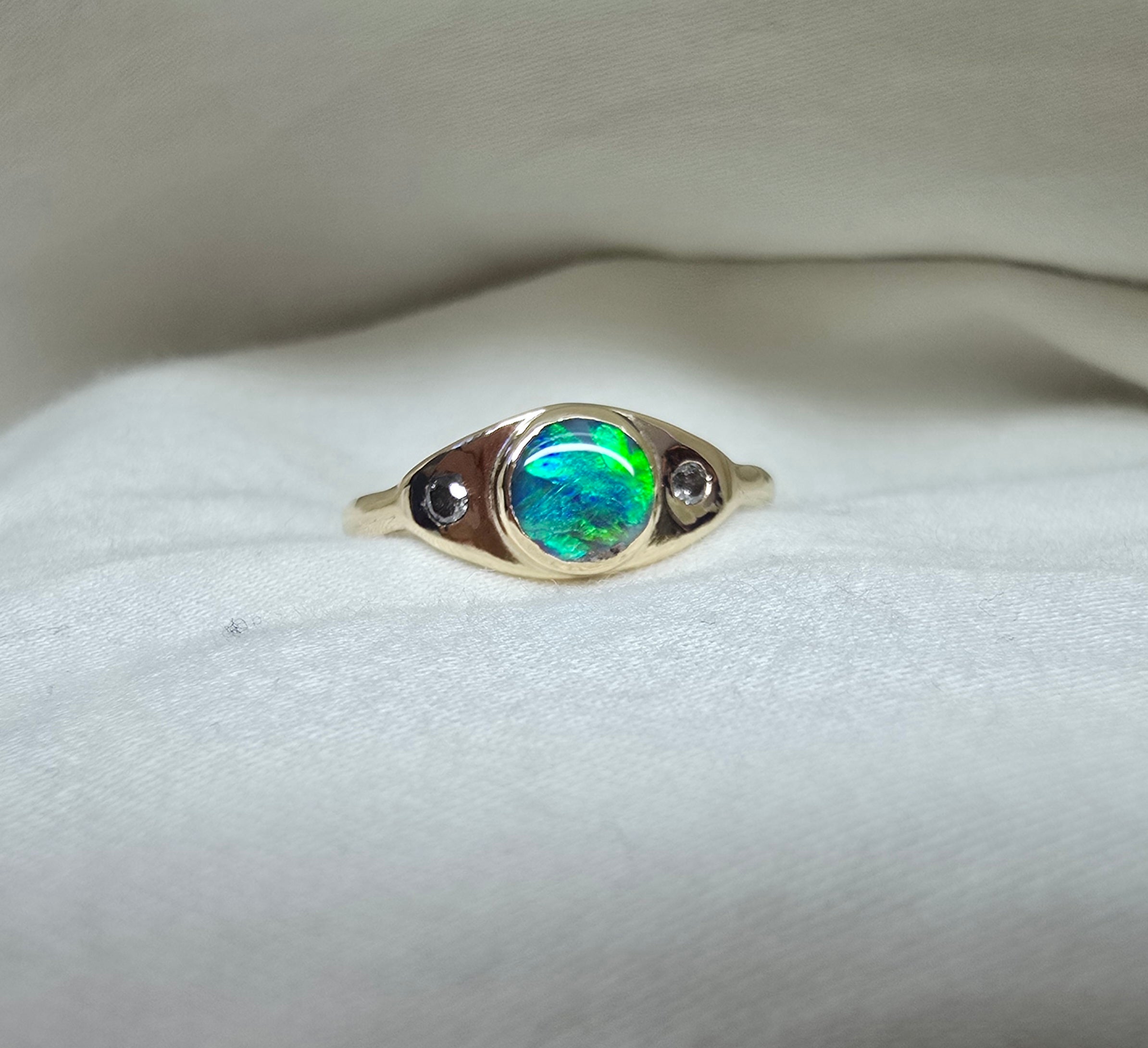 J013 - Black opal & diamond solid gold ring