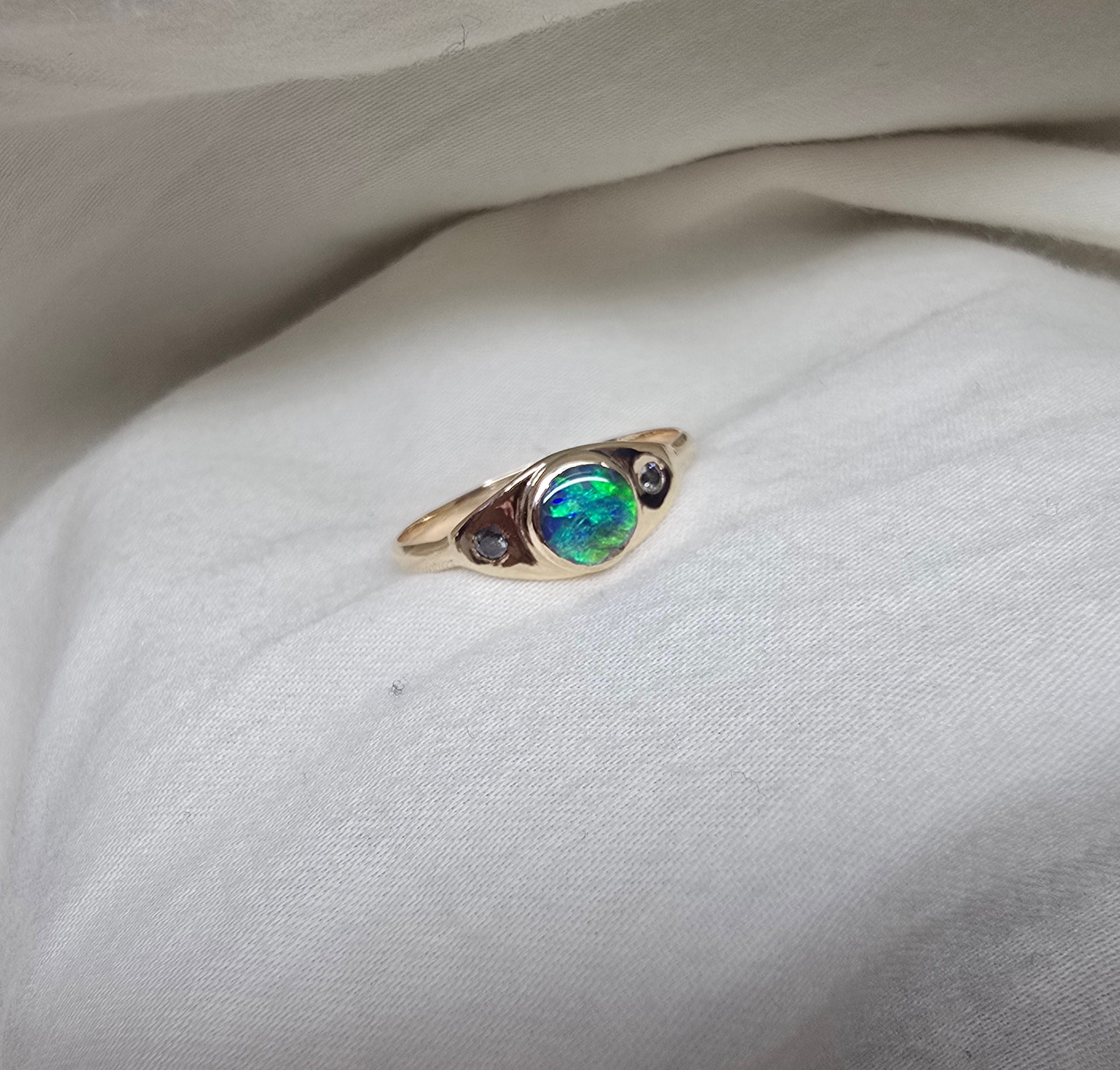 J013 - Black opal & diamond solid gold ring