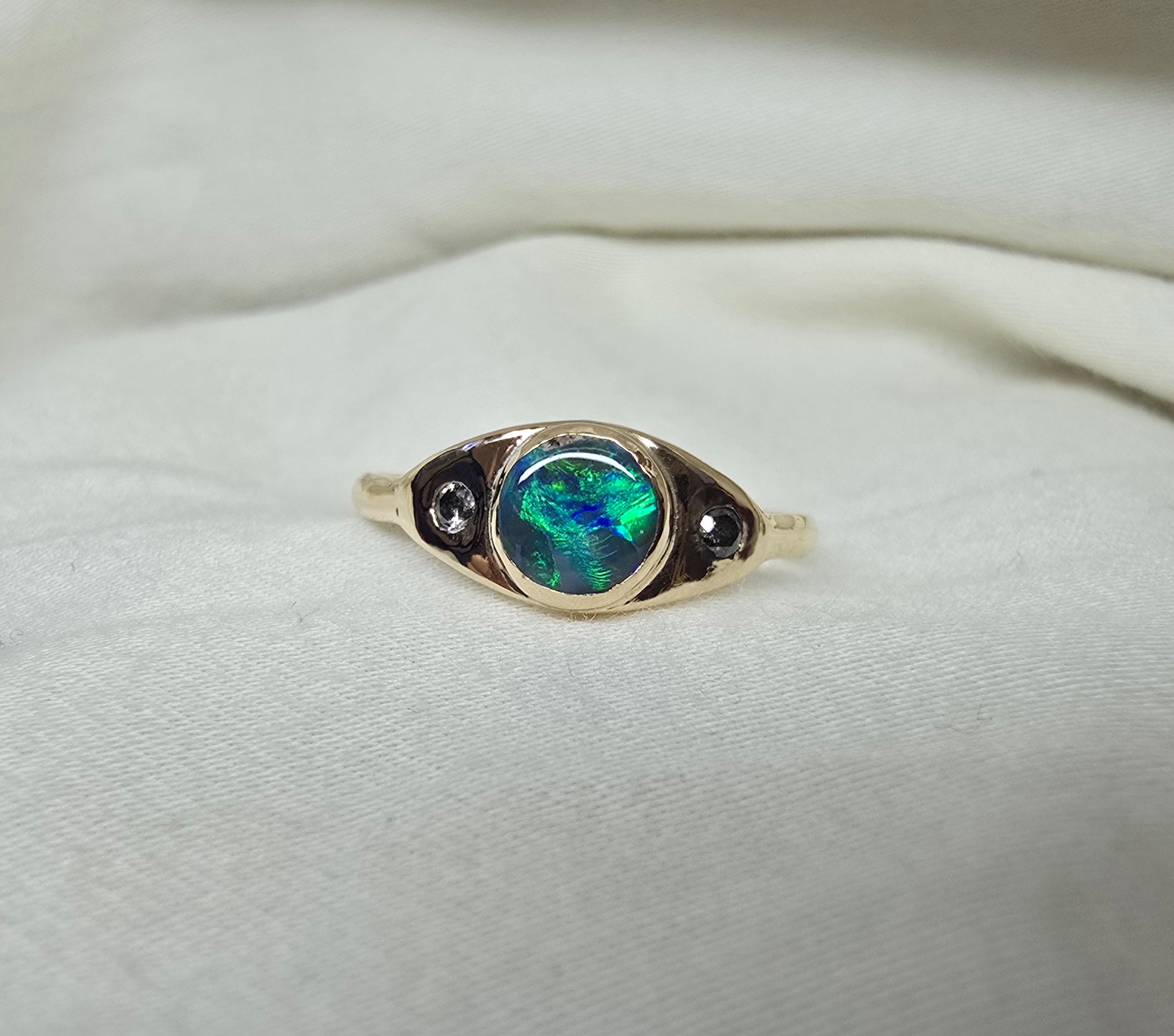 J013 - Black opal & diamond solid gold ring