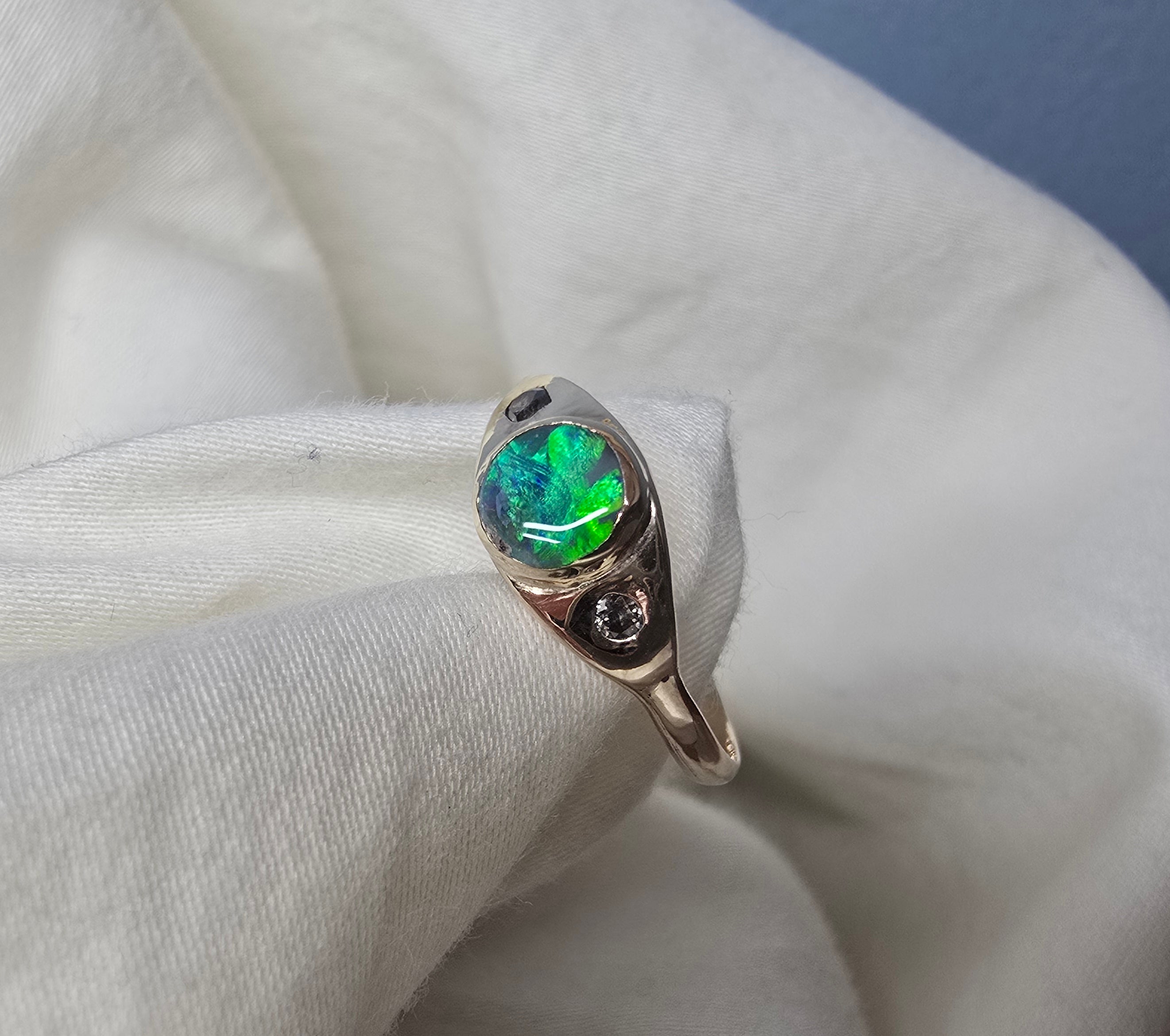 J013 - Black opal & diamond solid gold ring